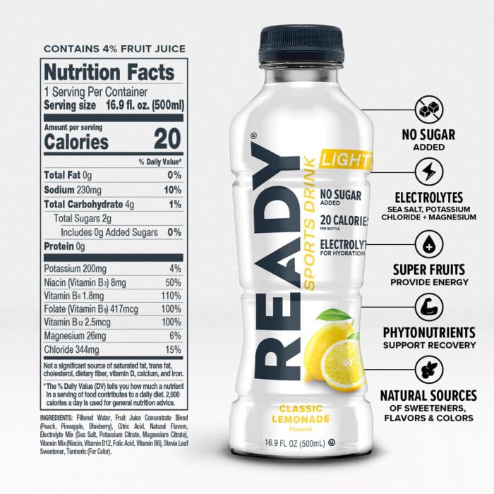 Ready® Sports Drink Light, Low Calories, No Added Sugars, Real Food Carb Source for Energy, Four Electrolytes for Hydration, Super Fruits, B Vitamins, 16.9 Fluid Ounces, 12 Pack (16.9 oz, Watermelon Lemonade)