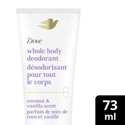 Dove Whole Body Deodorant Cream Aluminum Free Deodorant for Women Coconut & Vanilla Scent for Pits, Privates, & Thighs to Toes 73 ml