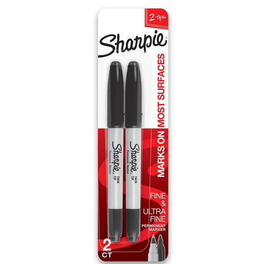 Sharpie Twin Tip Permanent Markers, Fine and Ultra Fine, Black, 2 Count