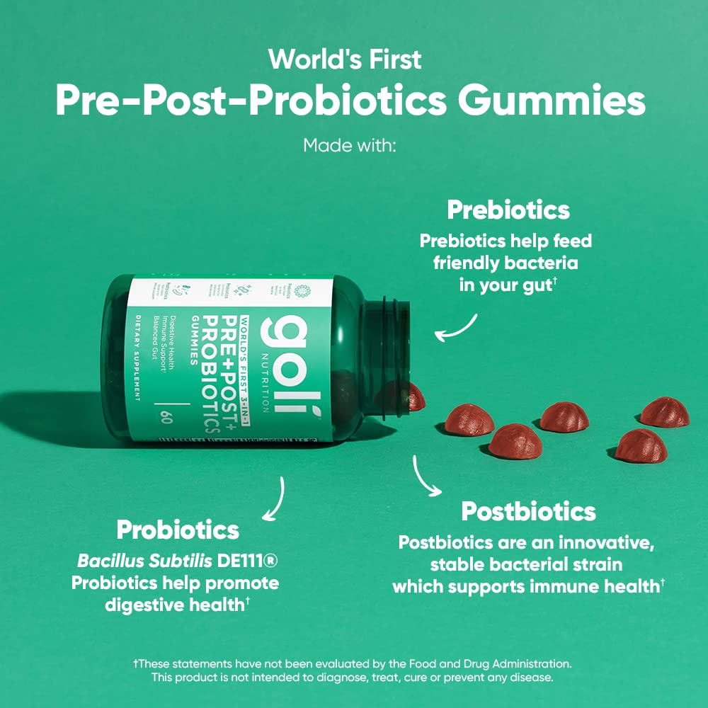 Goli Nutritional Supplement, Pre+Post+Probiotics Gummy - 180 Count - World's First 3-in-1 Gluten-Free, Vegan, Non-GMO, and Gelatin-Free.