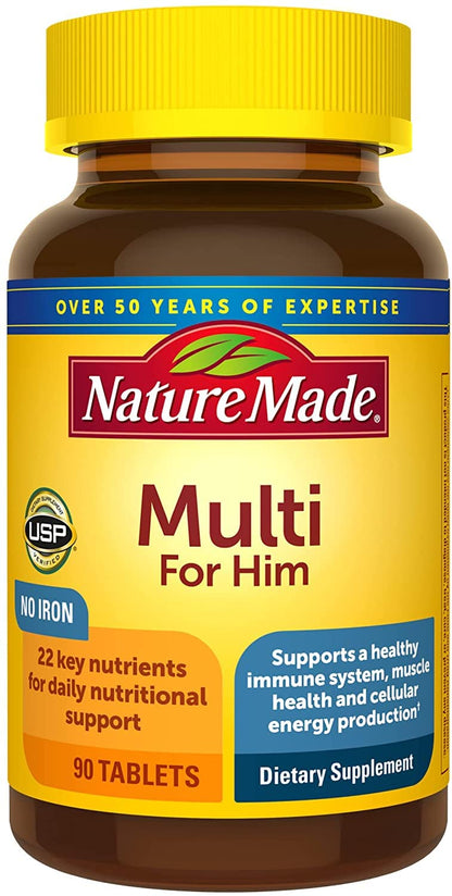 Nature Made Multivitamin For Him with No Iron, Mens Multivitamins for Daily Nutritional Support, Multivitamin for Men, 90 Tablets, 90 Day Supply