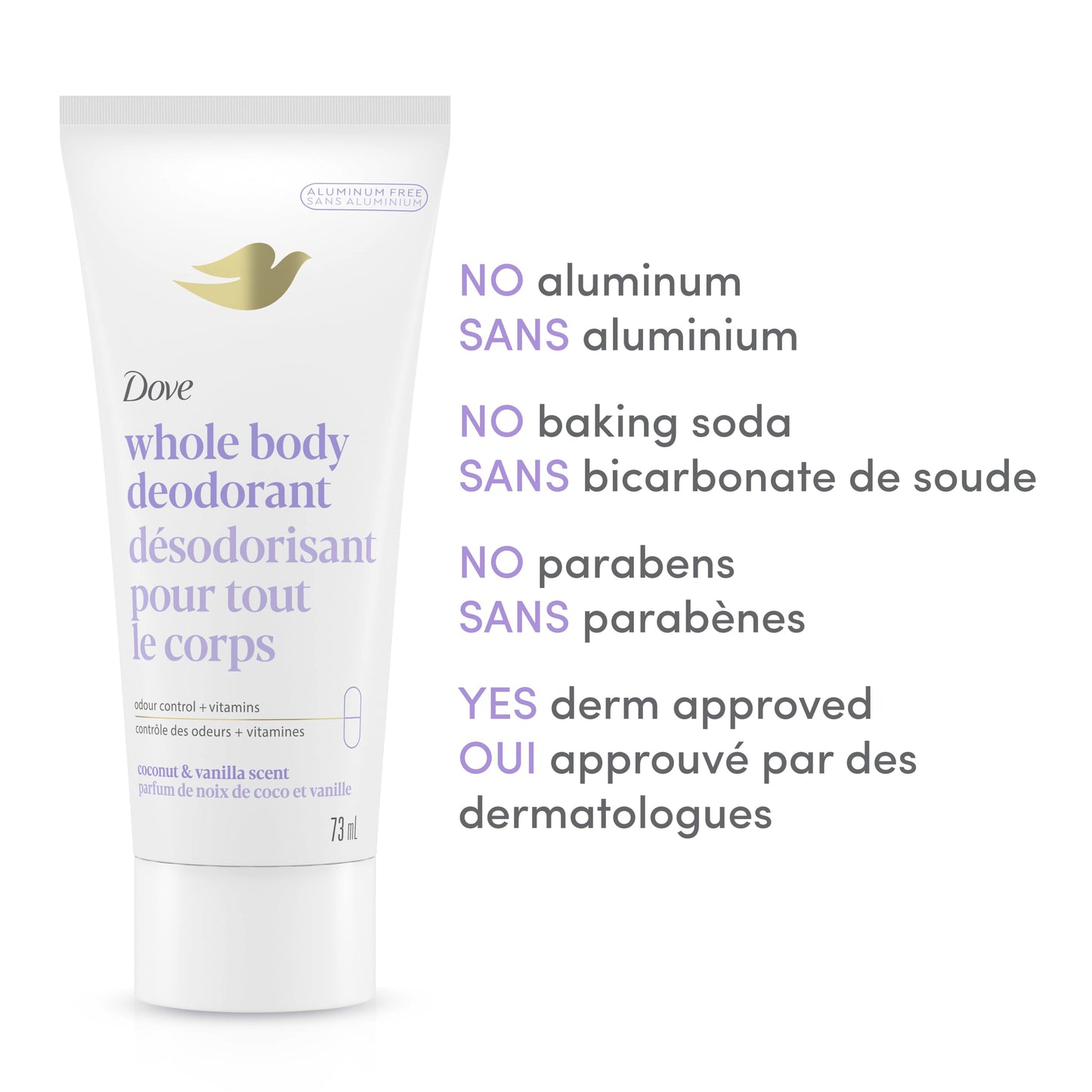 Dove Whole Body Deodorant Cream Aluminum Free Deodorant for Women Coconut & Vanilla Scent for Pits, Privates, & Thighs to Toes 73 ml