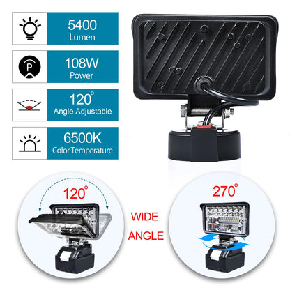 Cordless LED Work Light for Milwaukee 18V Lithium Batteries, 108W 5400LM Adjustable Portable Flood Lights for Job Site Lighting Outdoor Camping Garage Vehicle Lighting【Battery not Included】