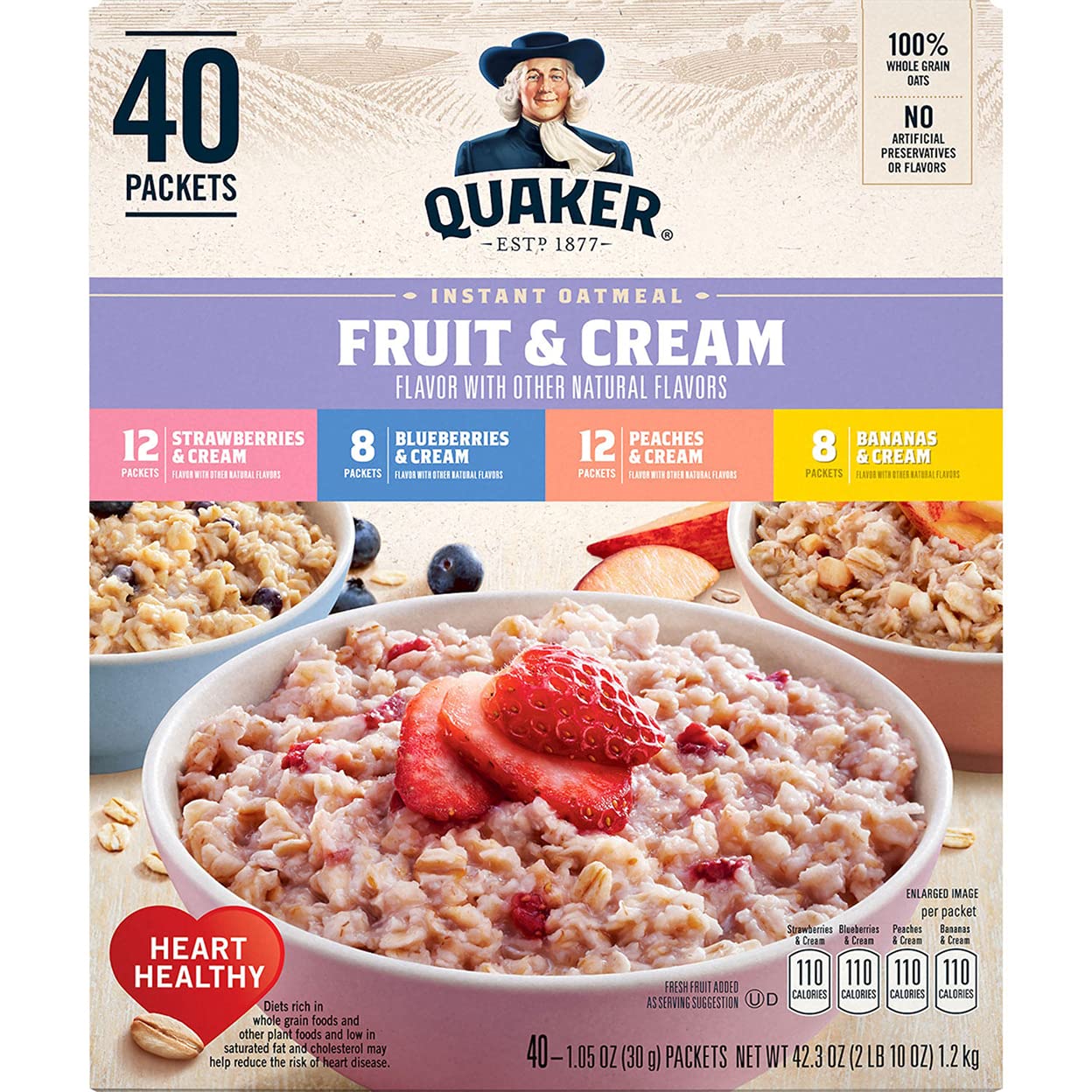 Quaker Instant Oatmeal Fruit and Cream Flavors 40 X 1.05 Ounce Net Wt 42.3 Ounce, 1200.0 g (Pack of 1)