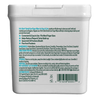 Vet's Best Dental Care Finger Wipes | Reduces Plaque & Freshens Breath | Teeth Cleaning Finger Wipes for Dogs & Cats | 50 Disposable Wipes