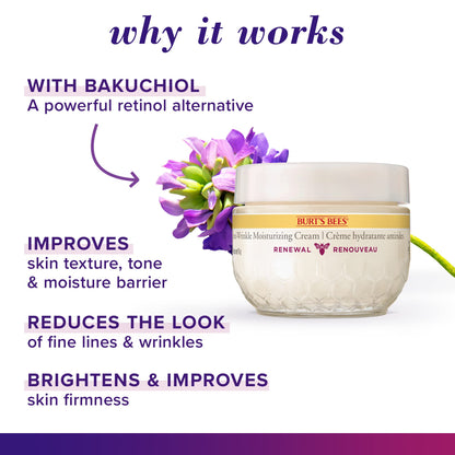 Burt's Bees® Face Cream, Renewal Anti-Wrinkle Moisturizing Face Cream, Holiday Gift, with Bakuchiol Natural Retinol Alternative, 51 g