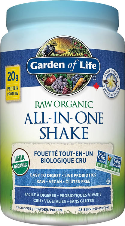 Garden of Life Raw All-in-One Nutritional Shake, Vanilla, (28 servings- 969g.) Packed with 20 grams of Certified Organic Plant Protein packed with incredible nutrition to help build lean muscle.Assists in the building of lean muscle when combined with reg