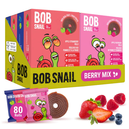 Bob Snail Healthy Snacks Berry Mix Family Pack - Nut free fruit Rolls with Blueberry, Raspberry & Strawberry, Candy box Fruit Snacks, All Natural Healthy Snacks for kids, No Added Sugar sour Candy, 80 pcs Pack / 800 gram candy bulk (Blueberry, Raspberry &