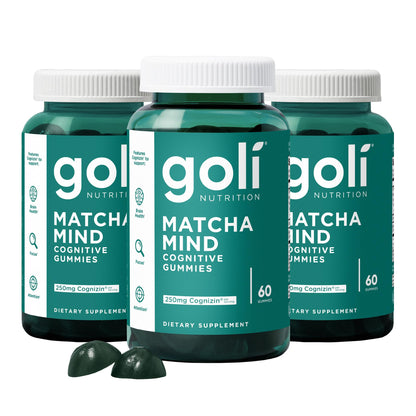 Goli Matcha Mind Gummies - 180 Count - Green Tea Leaves Powder with Cognizin for Focus, Attention and Brain Health, Vegan, Non-GMO, Gluten-Free & Gelatin Free.