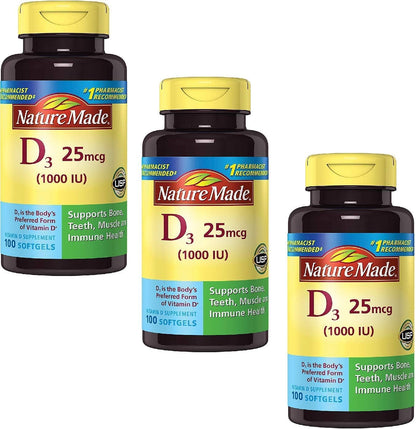 Nature Made Vitamin D3 1000 IU (25 mcg), Dietary Supplement for Bone, Teeth, Muscle and Immune Health Support, 300 Softgels, 300 Day Supply