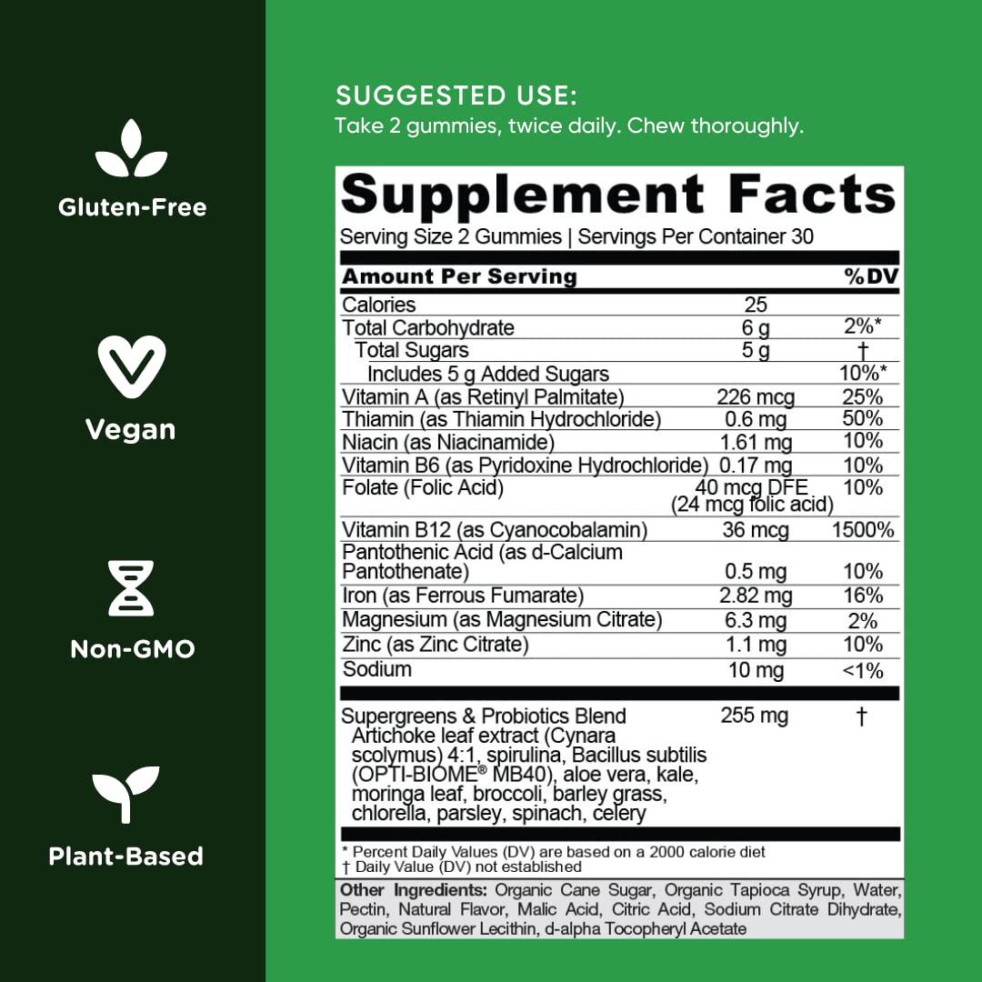 Goli SuperGreen Vitamin Gummy - 60 Count - Essential Vitamins and Minerals - Plant-Based, Vegan, Gluten-Free & Gelatin Free - Health from Within, Pack of 1