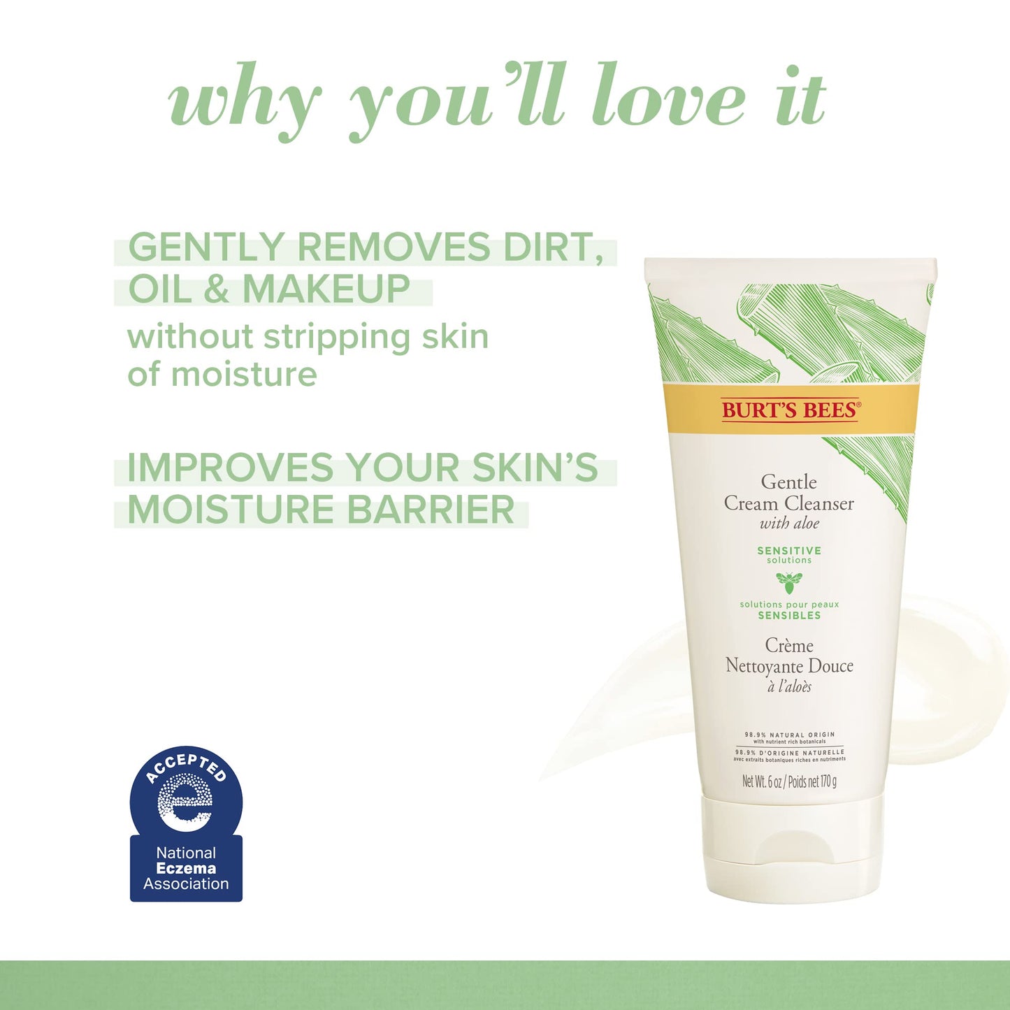 Burt's Bees Sensitive Hydrating Gentle Daily Face Cream Moisturizer Face Lotion for Sensitive Skin with Aloe and Rice Milk, 98.9% Natural Origin, Developed with Dermatologists, 51g