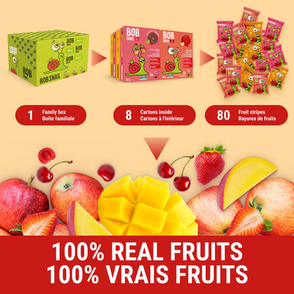 Bob Snail Healthy Snacks Mix Family Pack - Fruit Rolls with Mango & Strawberry, Jelly with Cherry, Candy box Fruit Snacks, All Natural Healthy Snacks for kids, No Added Sugar sour Candy, 80 pcs Pack / 800 gram candy bulk