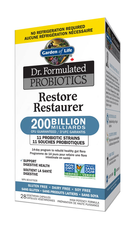 Garden of Life - Dr. Formulated Probiotics Restore | 200 Billion CFU to Rebuild Healthy Gut Flora and Support Digestion | 11 Probiotic Strains | Shelf Stable | Gluten Free, Dairy Free