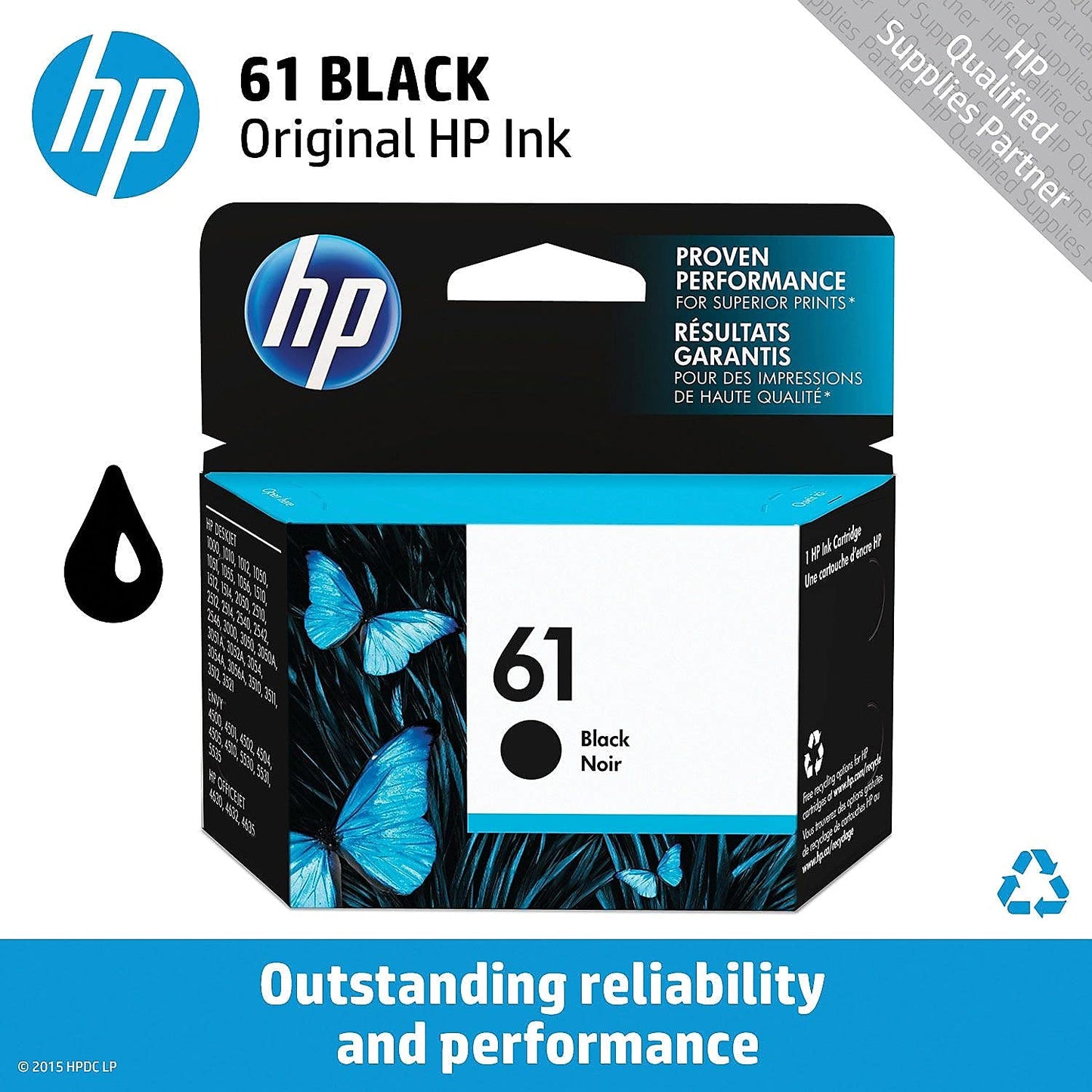 HP 61 Black Ink Cartridge | Works with DeskJet 1000, 1010, 1050, 1510, 2050, 2510, 2540, 3000, 3050, 3510; ENVY 4500, 5530; OfficeJet 2620, 4630 Series | Eligible for Instant Ink | CH561WN