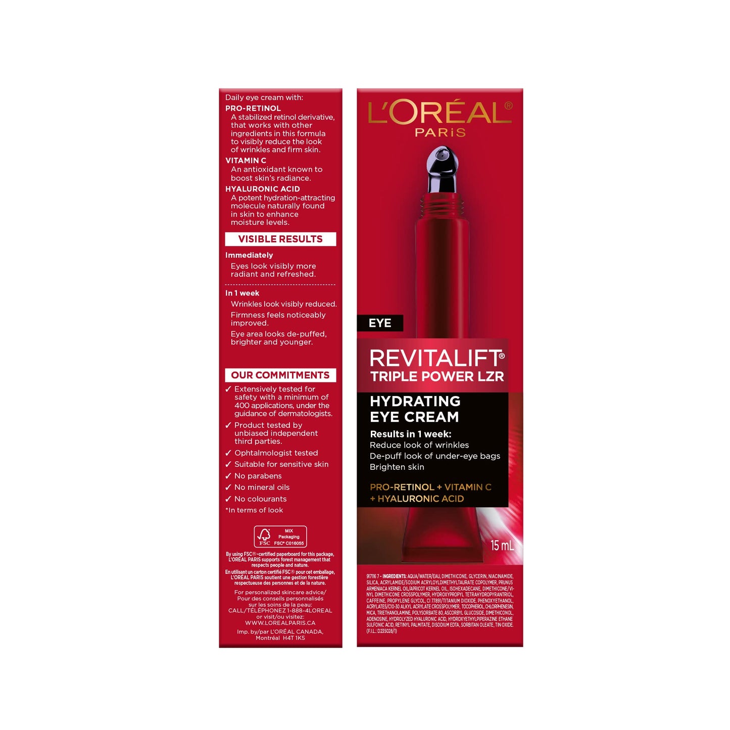 L’Oréal Paris Eye Cream, with Hyaluronic Acid, Vitamin C, Pro Retinol to Reduce Look of Wrinkles and Under-Eye Bags, Revitalift Triple Power LZR, Skincare, 15ml