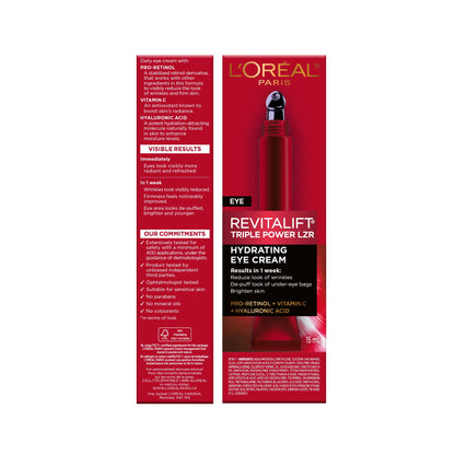 L’Oréal Paris Eye Cream, with Hyaluronic Acid, Vitamin C, Pro Retinol to Reduce Look of Wrinkles and Under-Eye Bags, Revitalift Triple Power LZR, Skincare, 15ml