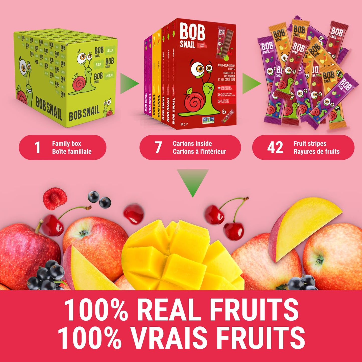 Bob Snail Fruit Leather Sweet & Sour Family Pack - Nut free fruit Roll Ups with Dried Mango,Sour Cherry & Blackcurrant, Candy box Fruit Snacks, All Natural Healthy Snacks for kids, Sugar Free sour Candy, 42 pcs Pack / 588 gram candy bulk (Exotic Mix)