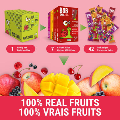 Bob Snail Fruit Leather Sweet & Sour Family Pack - Nut free fruit Roll Ups with Dried Mango,Sour Cherry & Blackcurrant, Candy box Fruit Snacks, All Natural Healthy Snacks for kids, Sugar Free sour Candy, 42 pcs Pack / 588 gram candy bulk (Exotic Mix)