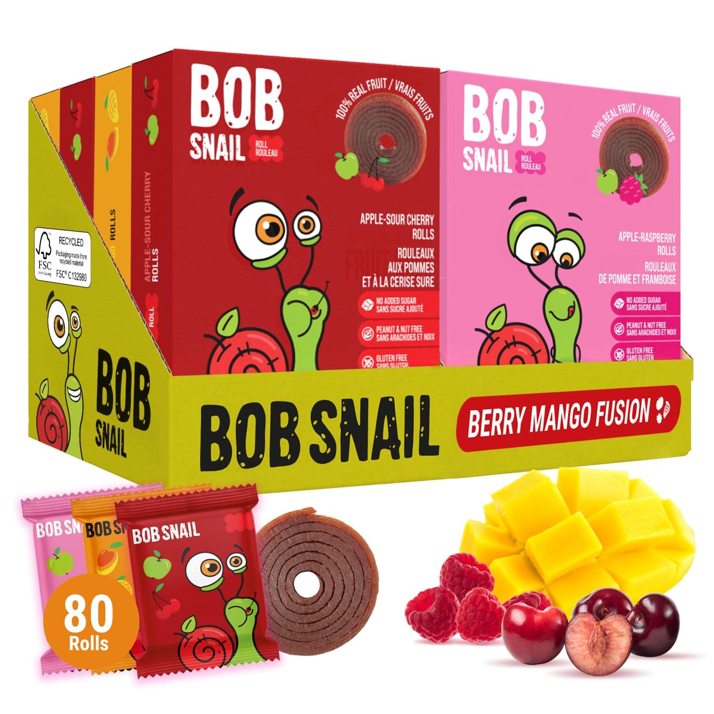 Bob Snail Healthy Snacks Berry Mix Family Pack - Nut free fruit Rolls with Blueberry, Raspberry & Strawberry, Candy box Fruit Snacks, All Natural Healthy Snacks for kids, No Added Sugar sour Candy, 80 pcs Pack / 800 gram candy bulk (Blueberry, Raspberry &