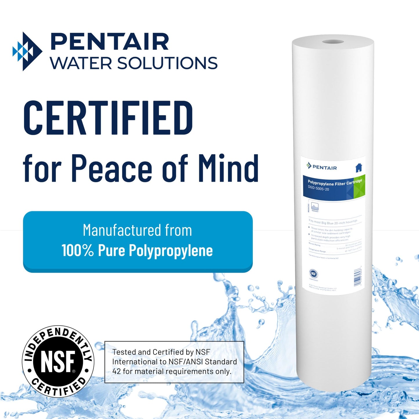 Pentair Pentek DGD-5005-20 Big Blue Water Filter, 20-Inch Whole House Sediment Filter Cartridge Replacement, Dual-Gradient Density Spun Polypropylene, 20" x 4.5", 5 Micron, Pack of 6, White
