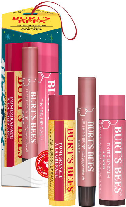 Burt's Bees Kissable Colour Gift Set, Warm Collection, 3 Lip Shimmers in Peony, Rhubarb and Fig