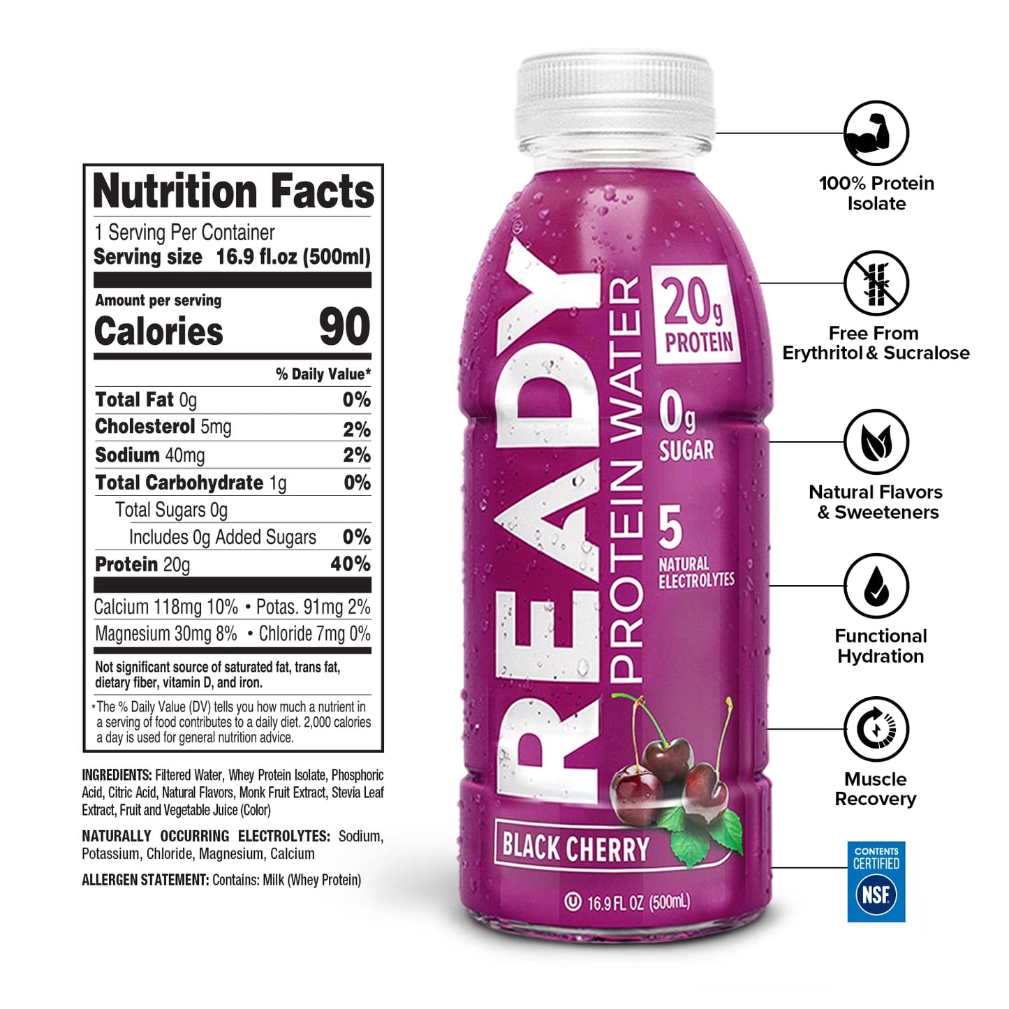 Ready Protein Water, 20g of Whey Protein Isolate, Sugar Free, Black Cherry, 12-Pack, 16.9 Fluid Ounces Each