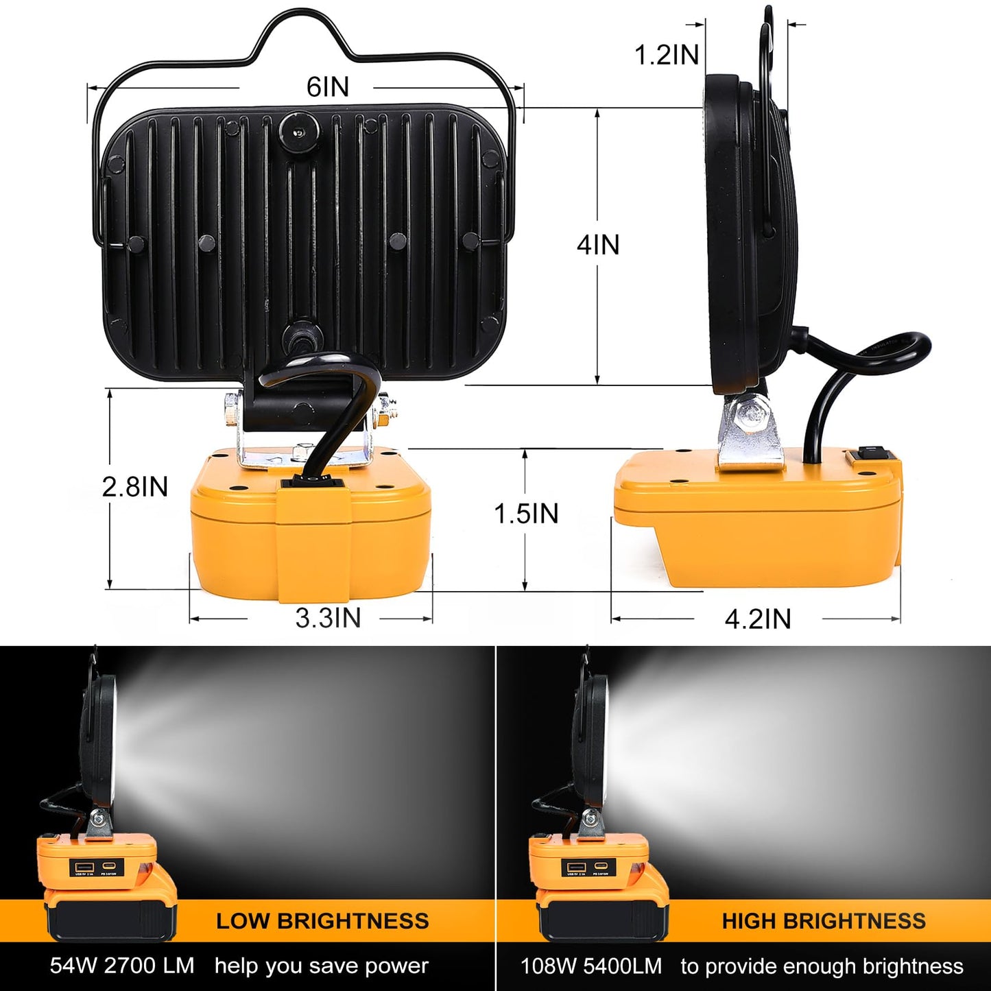 Cordless LED Work Light for Milwaukee 18V Lithium Batteries, 108W 5400LM Adjustable Portable Flood Lights for Job Site Lighting Outdoor Camping Garage Vehicle Lighting【Battery not Included】