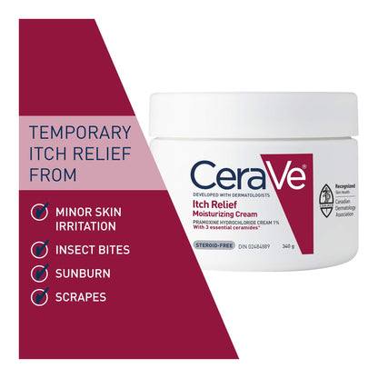 CeraVe Itchy Skin Relief Moisturizing Lotion. For Dry & Eczema-prone skin. Anti-itch cream for minor skin irritations, sunburn relief, insect bug bites & scrapes, 1% Pramoxine. Fragrance Free, 237ML
