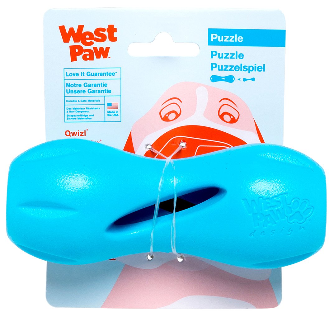 West Paw Zogoflex Qwizl Dog Puzzle Treat Toy Interactive Chew Toy for Dogs Dispenses Pet Treats Brightly-Colored Dog Puzzles for Aggressive Chewers, Fetch, Catch, Non-Toxic Small 5.5 inch , Tangerine