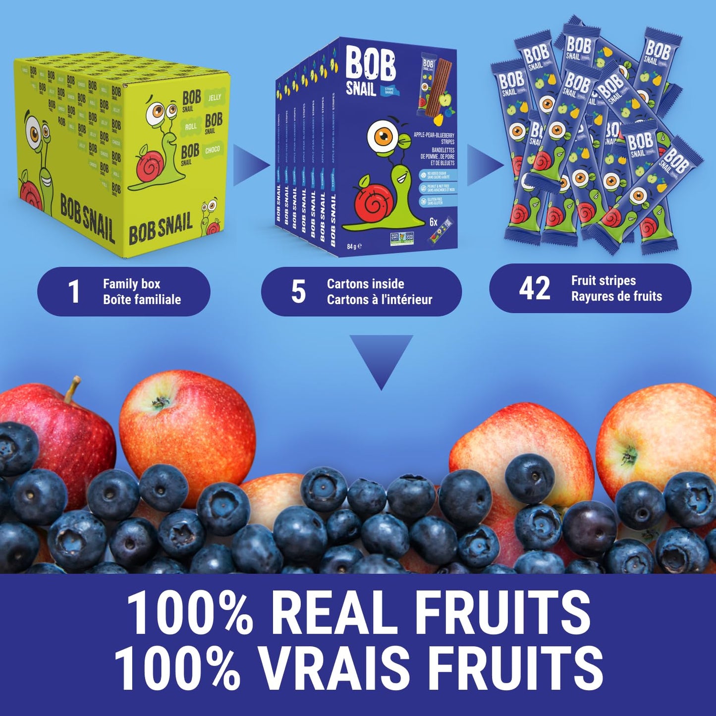 Bob Snail Fruit Leather Sweet & Sour Family Pack - Nut free fruit Roll Ups with Dried Mango,Sour Cherry & Blackcurrant, Candy box Fruit Snacks, All Natural Healthy Snacks for kids, Sugar Free sour Candy, 42 pcs Pack / 588 gram candy bulk (Exotic Mix)