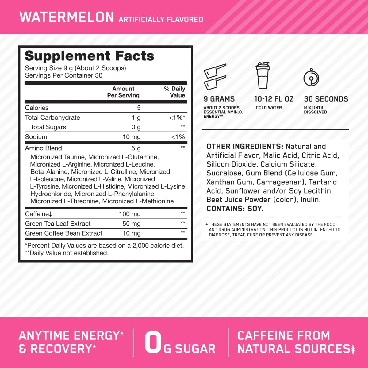 Optimum Nutrition Amino Energy Powder – Anytime energy convenient energy powder, Pre- workout with Green Tea, BCAA and Green Coffee Extract – Watermelon: 30 servings (270g tub, packaging may vary)