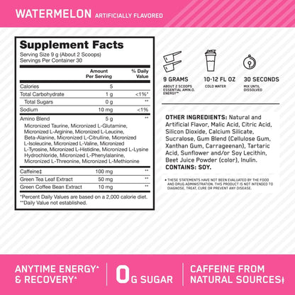 Optimum Nutrition Amino Energy Powder – Anytime energy convenient energy powder, Pre- workout with Green Tea, BCAA and Green Coffee Extract – Watermelon: 30 servings (270g tub, packaging may vary)