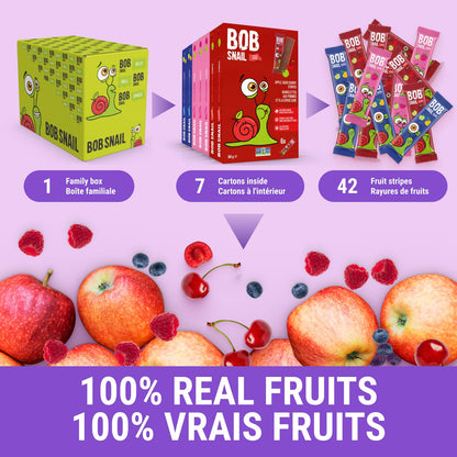 Bob Snail Fruit Leather Sweet & Sour Family Pack - Nut free fruit Roll Ups with Dried Mango,Sour Cherry & Blackcurrant, Candy box Fruit Snacks, All Natural Healthy Snacks for kids, Sugar Free sour Candy, 42 pcs Pack / 588 gram candy bulk (Exotic Mix)