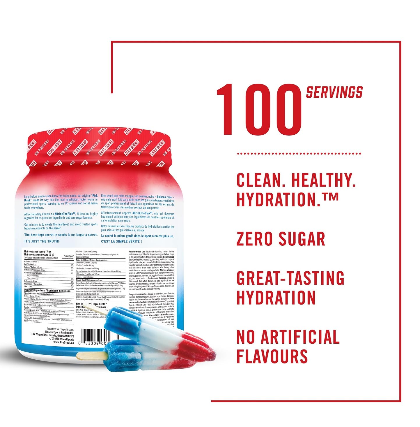 BioSteel Hydration Mix, Great Tasting Hydration with Zero Sugar, and No Artificial Flavours or Preservatives, Ice Pop Flavour, 100 Servings per Tub