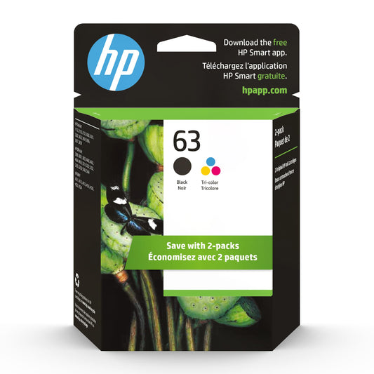 Original HP 63 Black/Tri-color Ink (2-pack) | Works with HP DeskJet 1112, 2130, 3630 Series; HP ENVY 4510, 4520 Series; HP OfficeJet 3830, 4650, 5200 Series | Eligible for Instant Ink | L0R46AN