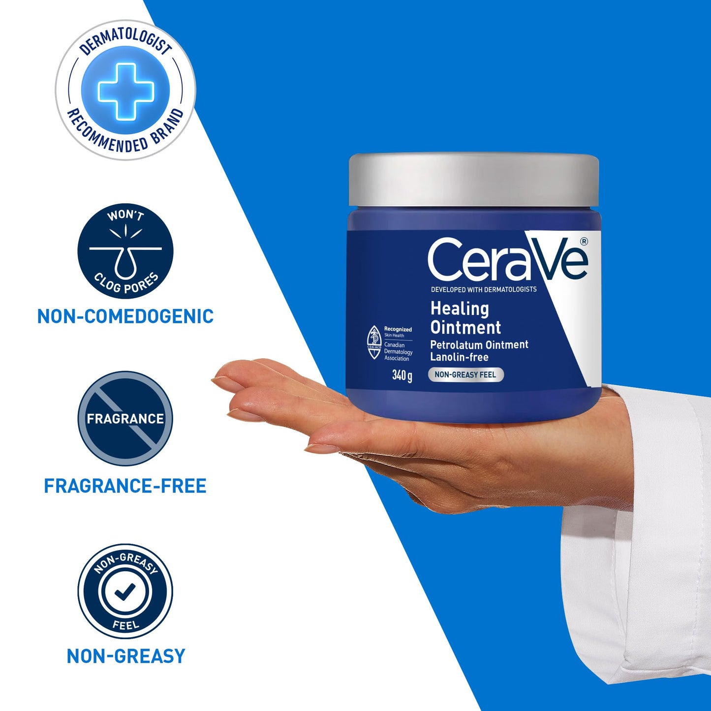 CeraVe Healing Ointment, Moisturizing Petrolatum Skin Protectant for Dry Skin with Hyaluronic Acid and Ceramides, Multi-Purpose Face, Body & Lip Balm, Lanolin-Free & Fragrance-Free, 85 g