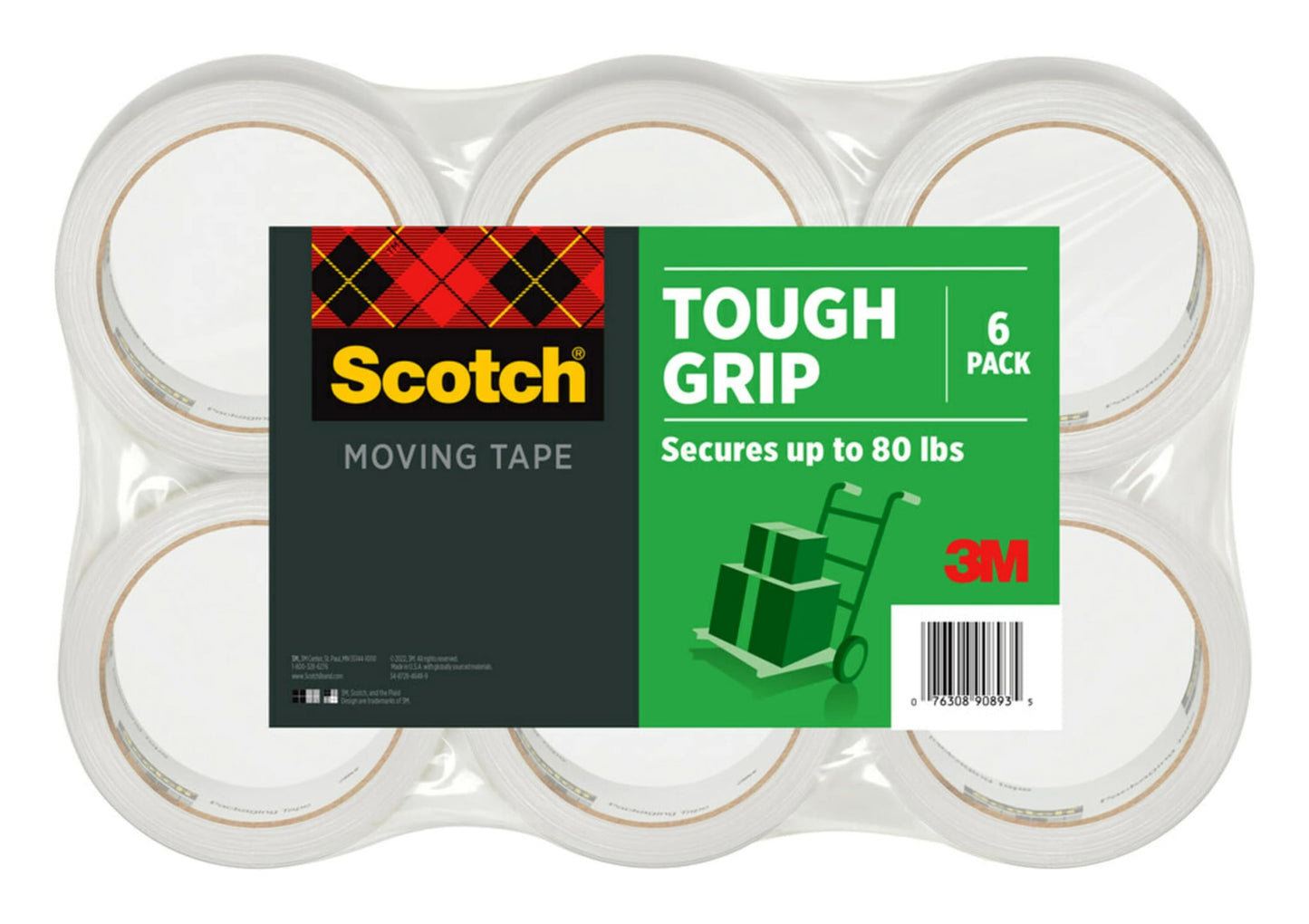 Scotch Packing Tape Tough Grip Moving Tape, 1.88" x 20m, 1 Roll w/ Handheld Dispenser