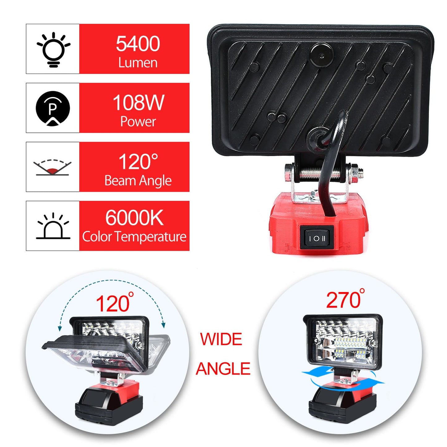 Cordless LED Work Light for Milwaukee 18V Lithium Batteries, 108W 5400LM Adjustable Portable Flood Lights for Job Site Lighting Outdoor Camping Garage Vehicle Lighting【Battery not Included】