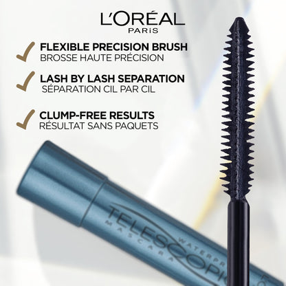 L’Oréal Paris Telescopic Mascara, Eyelash Lengthening Mascara, Unique Non-Clumping Formula, Delivers Intense Length, For Sensitive Eyes, Blackest Black, 8 ml