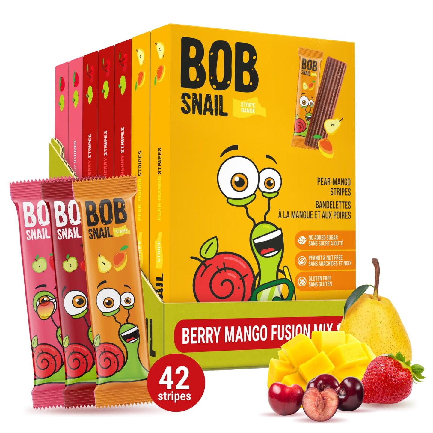 Bob Snail Fruit Leather Sweet & Sour Family Pack - Nut free fruit Roll Ups with Dried Mango,Sour Cherry & Blackcurrant, Candy box Fruit Snacks, All Natural Healthy Snacks for kids, Sugar Free sour Candy, 42 pcs Pack / 588 gram candy bulk (Exotic Mix)