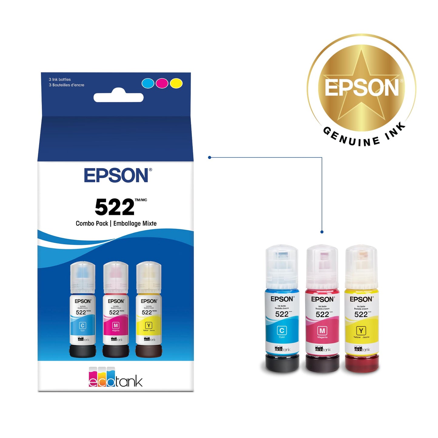 EPSON 522 EcoTank Ink Ultra-high Capacity Bottle Colour Combo Pack (T522520-S) Works with EcoTank ET-2400, ET-2720, ET-2800, ET-2803, ET-2840, ET-4700, ET-4800, ET-4810