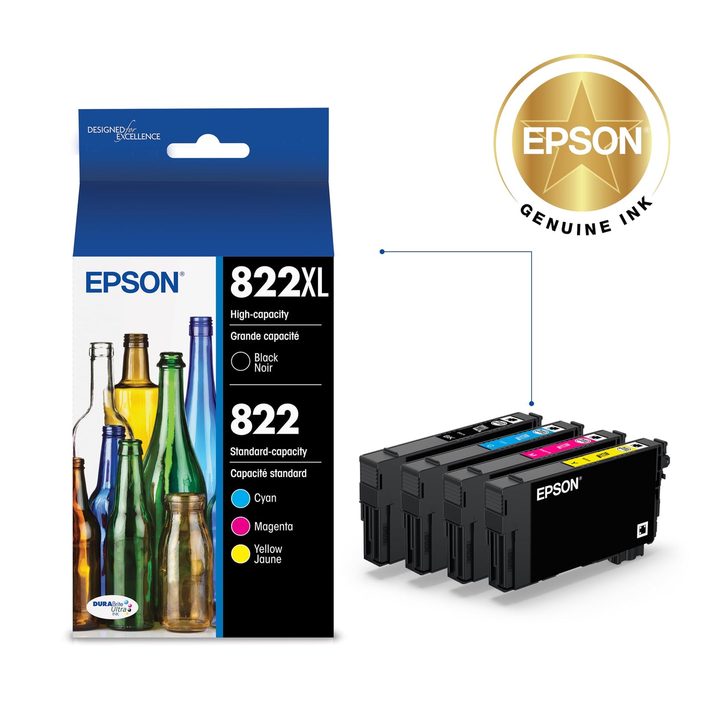 EPSON 822 DURABrite Ultra Ink High Capacity Black & Standard Colour Cartridge Combo Pack (T822XL-BCS) Works with Workforce Pro WF-3820, WF-3823, WF-4820, WF-4830, WF-4833, WF-4834