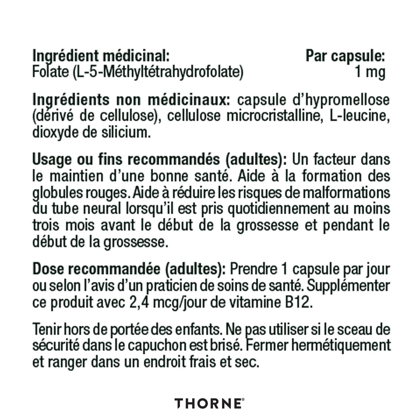 Thorne 5-MTHF 1 mg Folate - Active Vitamin B9 Folate Supplement - 60 Capsules