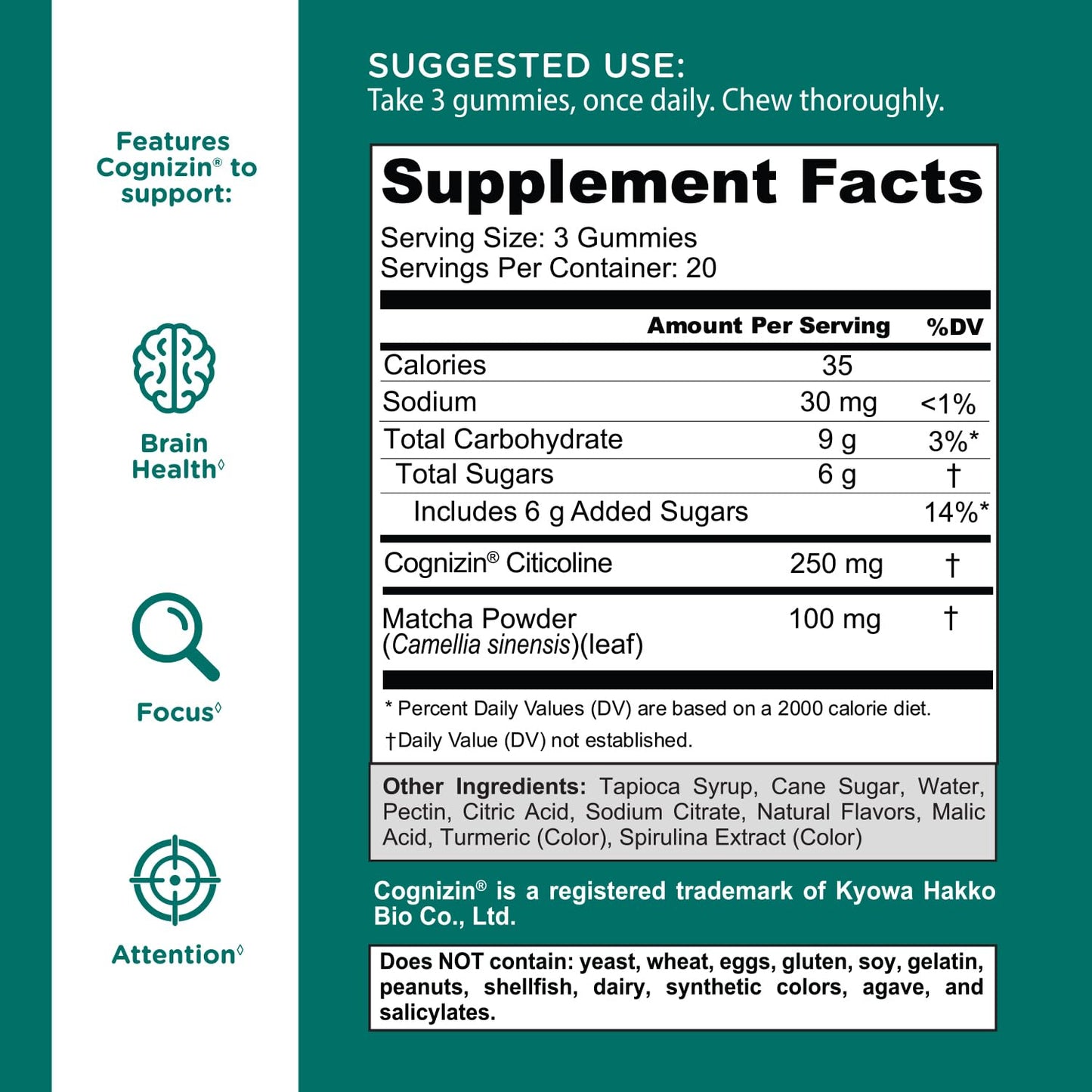 Goli Matcha Mind Gummies - 180 Count - Green Tea Leaves Powder with Cognizin for Focus, Attention and Brain Health, Vegan, Non-GMO, Gluten-Free & Gelatin Free.