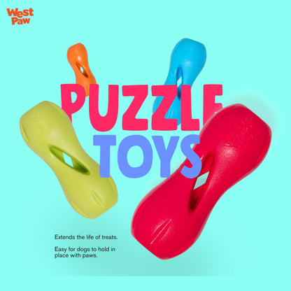 West Paw Zogoflex Qwizl Dog Puzzle Treat Toy Interactive Chew Toy for Dogs Dispenses Pet Treats Brightly-Colored Dog Puzzles for Aggressive Chewers, Fetch, Catch, Non-Toxic Small 5.5 inch , Tangerine