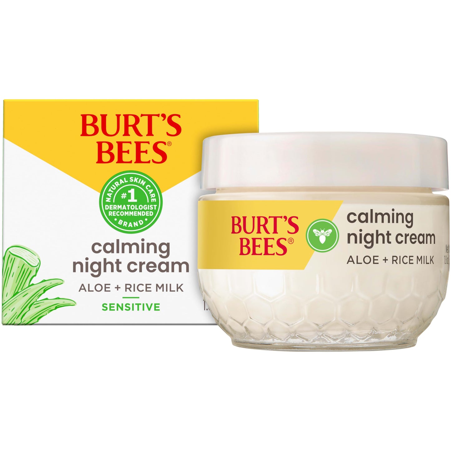 Burt's Bees Sensitive Hydrating Gentle Daily Face Cream Moisturizer Face Lotion for Sensitive Skin with Aloe and Rice Milk, 98.9% Natural Origin, Developed with Dermatologists, 51g