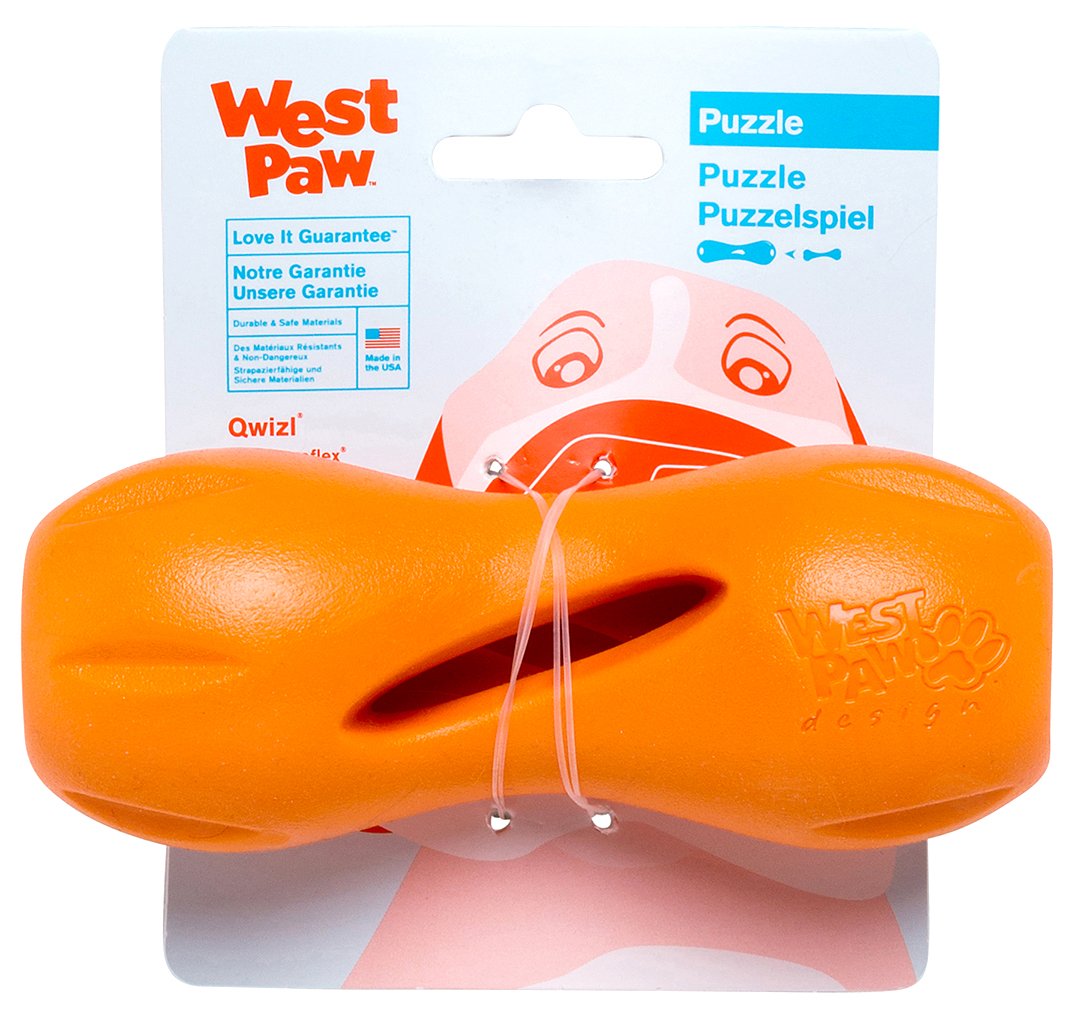 West Paw Zogoflex Qwizl Dog Puzzle Treat Toy Interactive Chew Toy for Dogs Dispenses Pet Treats Brightly-Colored Dog Puzzles for Aggressive Chewers, Fetch, Catch, Non-Toxic Small 5.5 inch , Tangerine