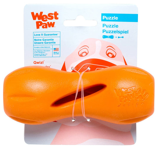 West Paw Zogoflex Qwizl Dog Puzzle Treat Toy Interactive Chew Toy for Dogs Dispenses Pet Treats Brightly-Colored Dog Puzzles for Aggressive Chewers, Fetch, Catch, Non-Toxic Small 5.5 inch , Tangerine