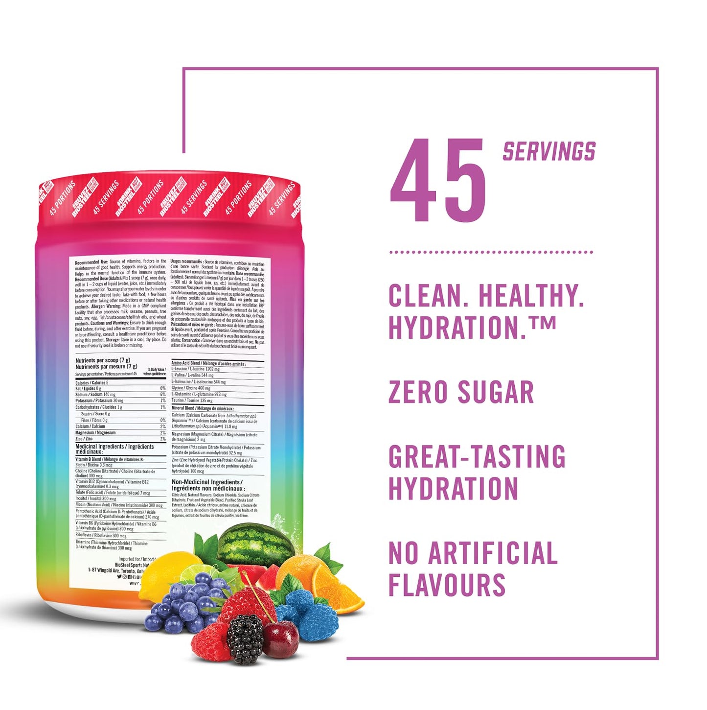 BioSteel Hydration Mix, Great Tasting Hydration with Zero Sugar, and No Artificial Flavours or Preservatives, Rainbow Twist Flavour, 20 Servings per Tub